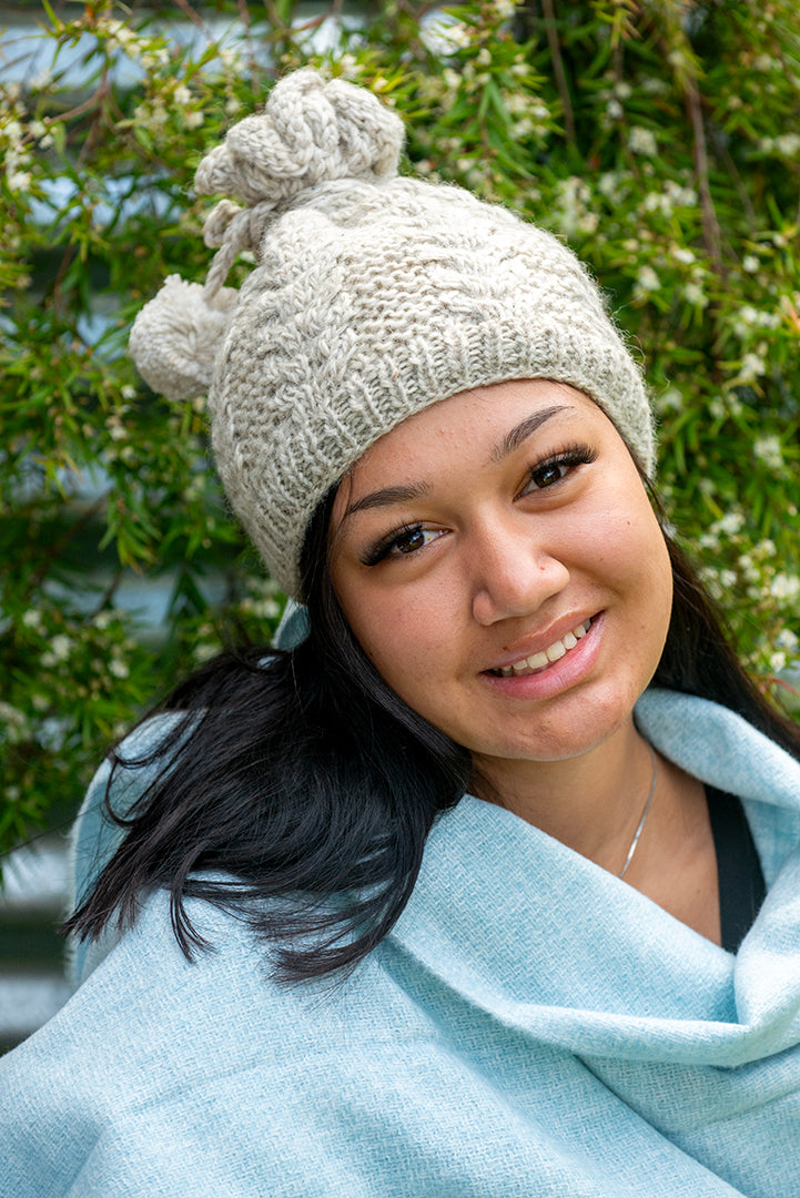 Women's Wool Pony Tail Beanie Fine Cable Knit in Cream