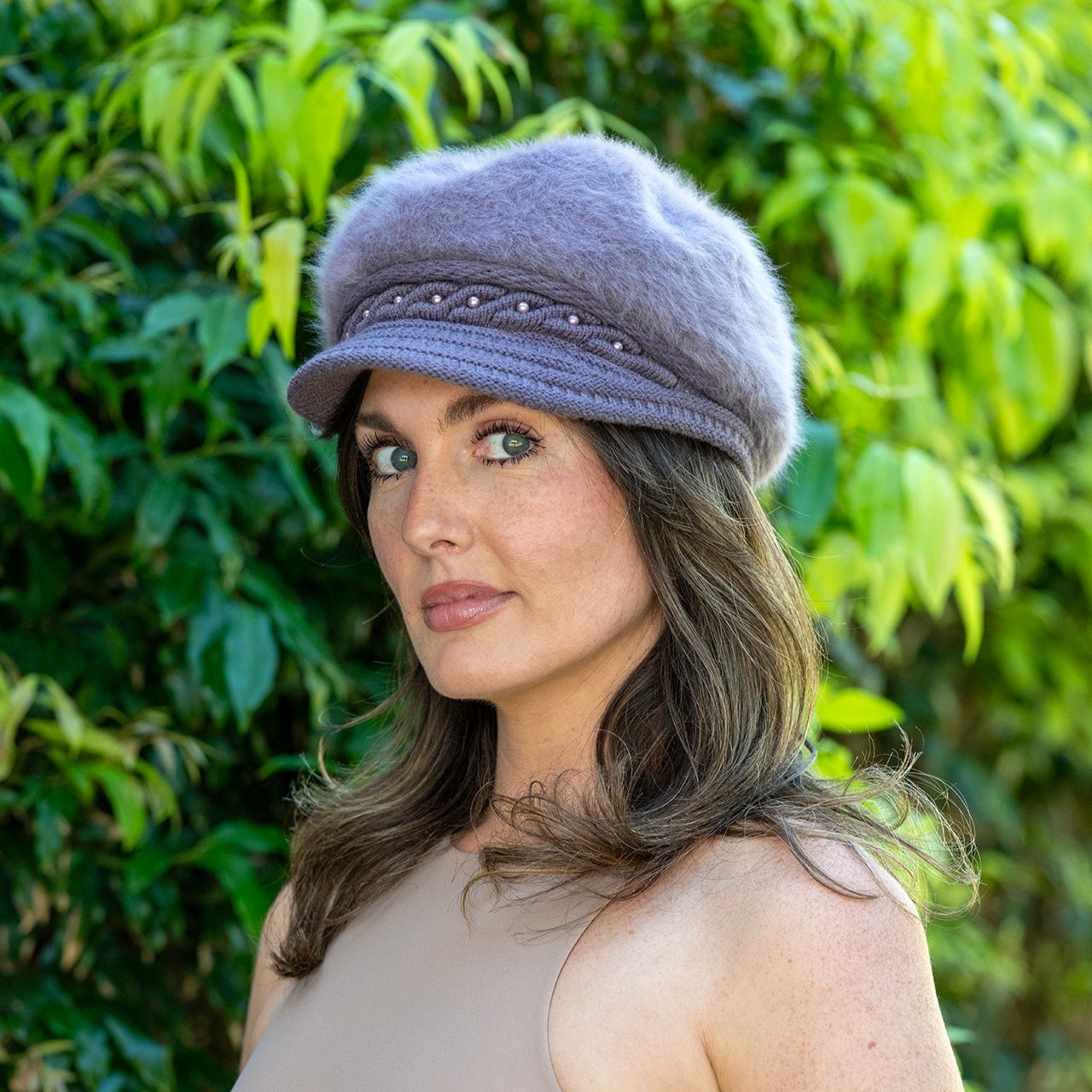 Womens Cap Angora Blend Plush Lined in Soft Lilac HWA-05