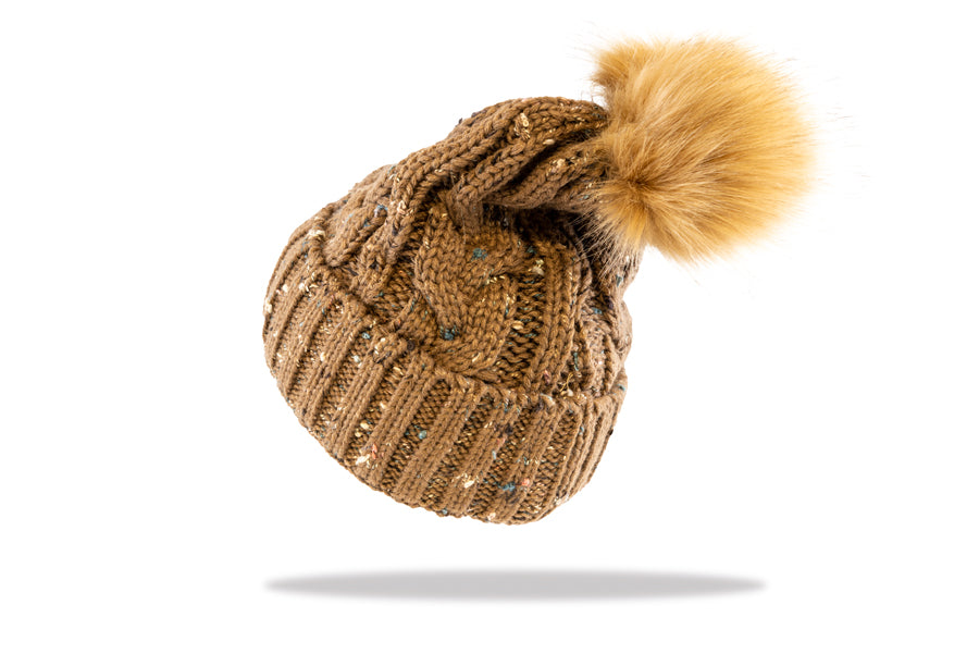 Women's Pom Pom Beanie in Caramel Fleck B19-1