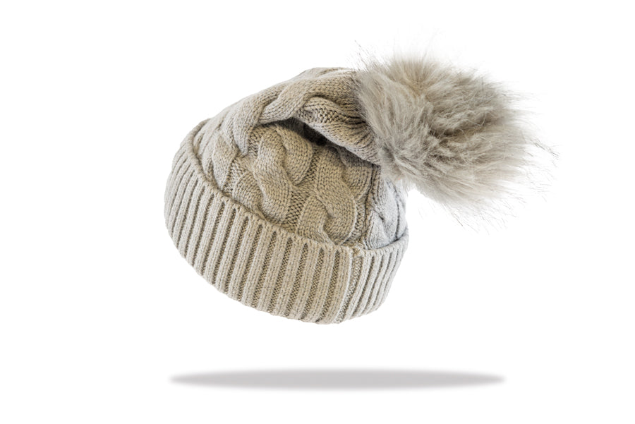 Women's Pom Pom Beanie Cable in Soft Grey B20-3