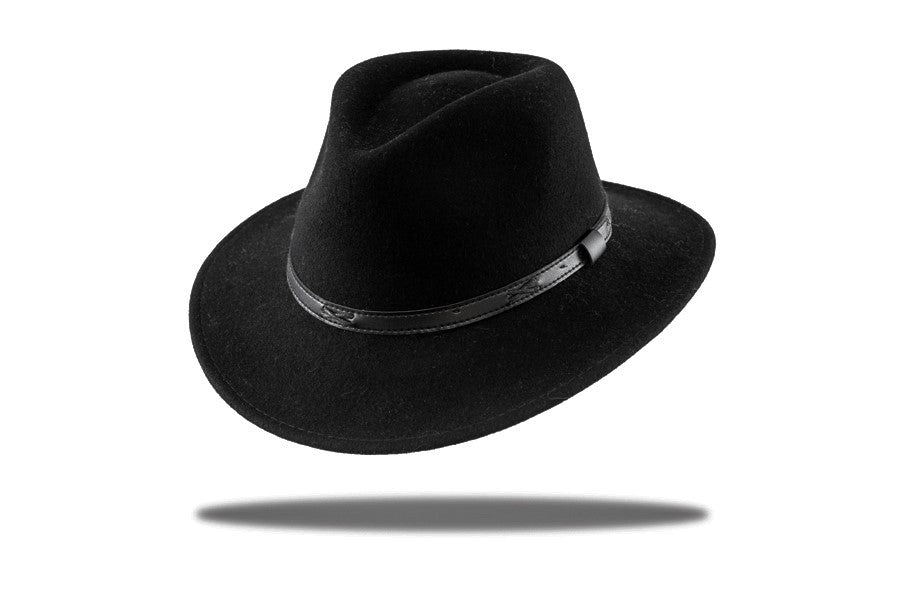 Men's black wool felt Outback fedora hat with leather trim around the base.