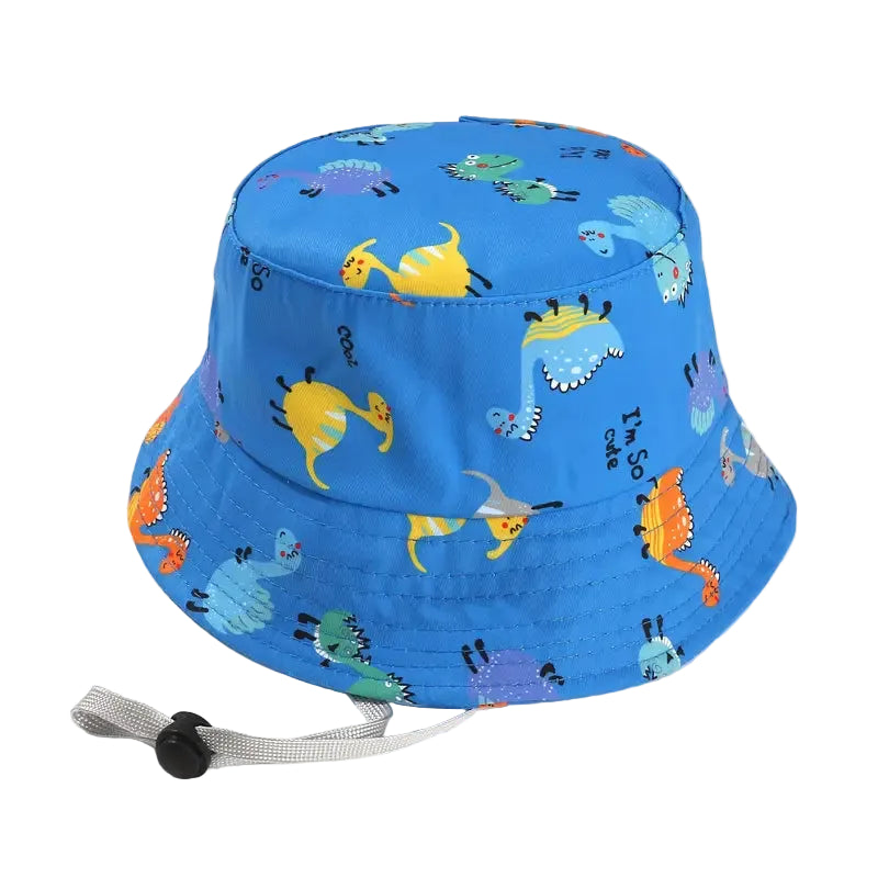 Blue bucket hat with colorful animal pattern on a white background