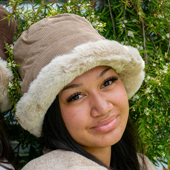 Fluffy Bucket Corduroy Hat in Camel WB22-7