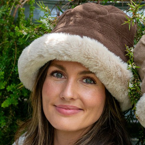 Fluffy Bucket Corduroy Hat in Chocolate