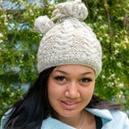 Women's Wool Pony Tail  Beanie Fine Cable Knit in Cream