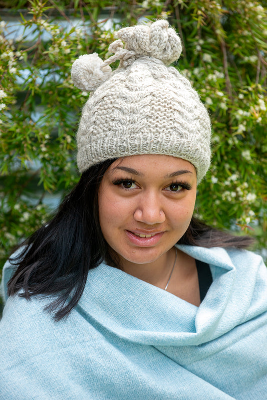 Women's Wool Pony Tail  Beanie Fine Cable Knit in Cream