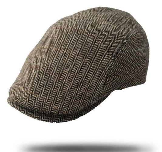 A classic flat cap in a brown and beige herringbone pattern, shown floating against a plain white background with a soft drop shadow.