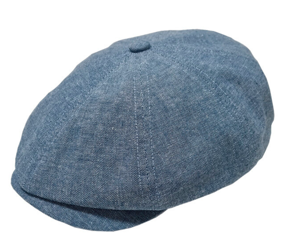 A pale blue Newsboy cap with a button on top, shown from a three-quarters angle against a plain white background.