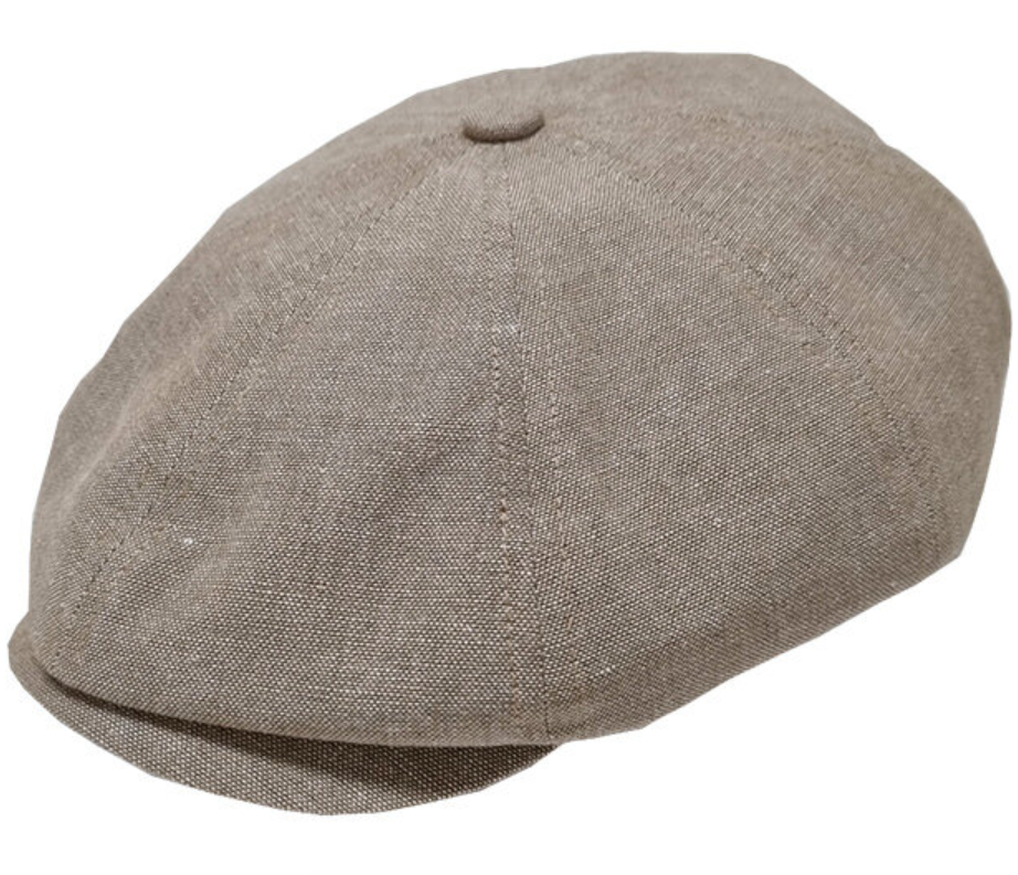 A structured flat cap made of textured woven fabric in a taupe-brown color, shown against a plain white background.
