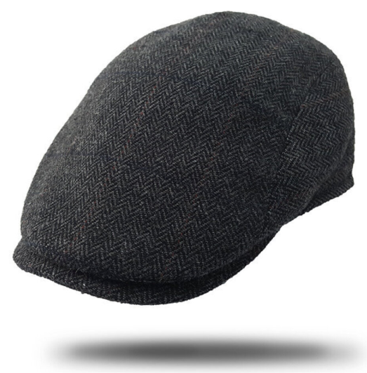 A dark gray herringbone tweed flat cap shown floating against a white background with a soft drop shadow underneath.