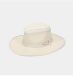 A light stone wide-brim sun hat with a mesh band and a small gold-tone metal accent on the side, shown against a plain light gray background.