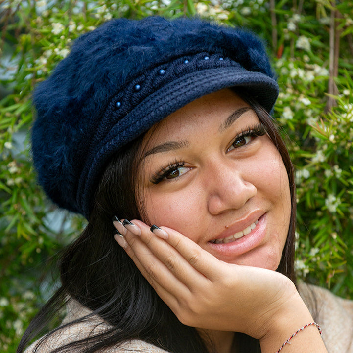 Women's Cap Angora Blend Plush Lined in Navy