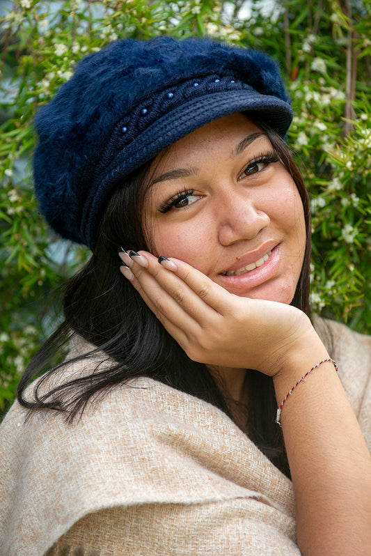 Women's Cap Angora Blend Plush Lined in Navy