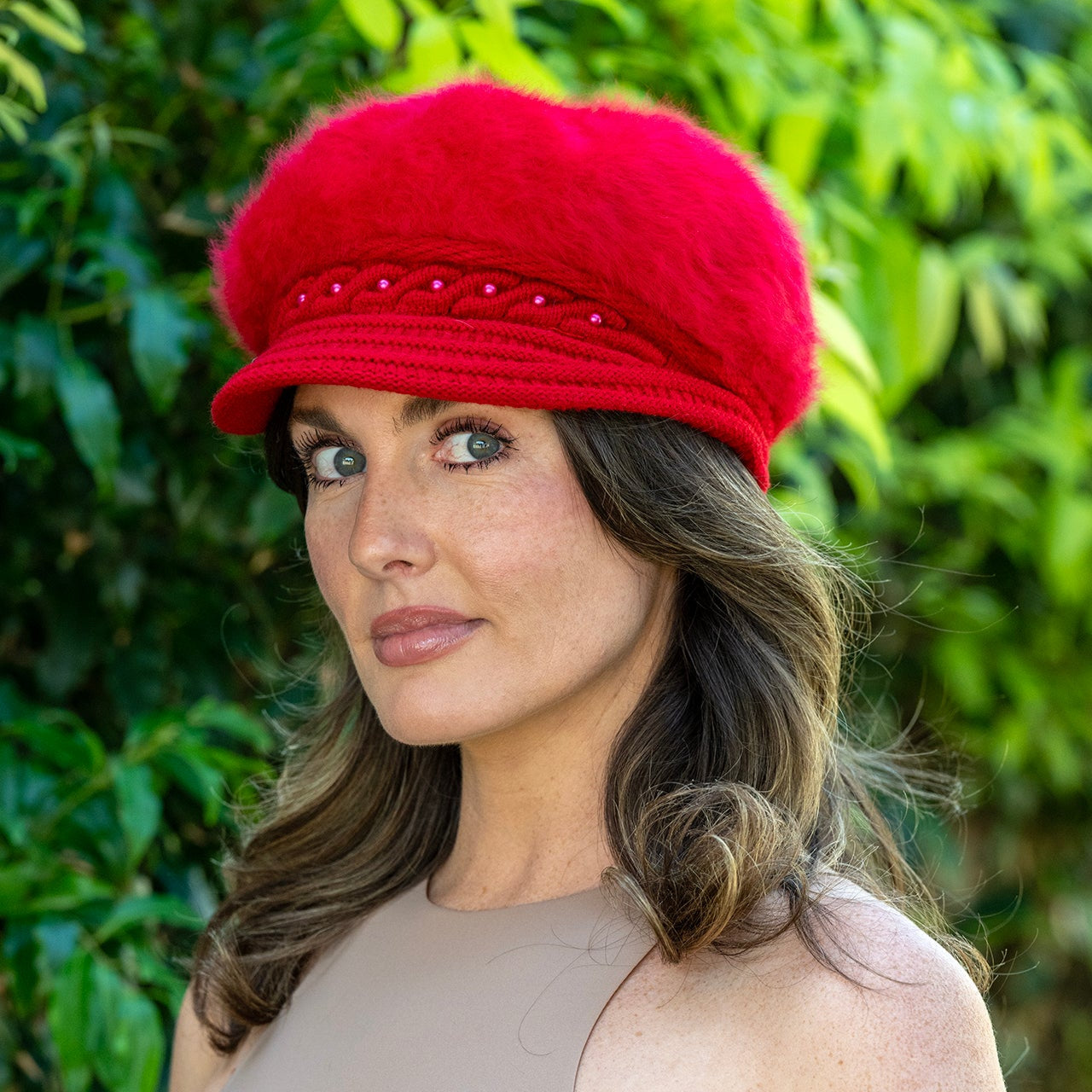 Women's Cap Angora Blend Plush Lined in Red
