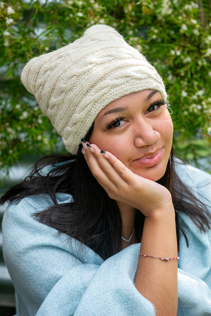 Women's Wool Pony Tail  Beanie Fine Cable Knit in Cream