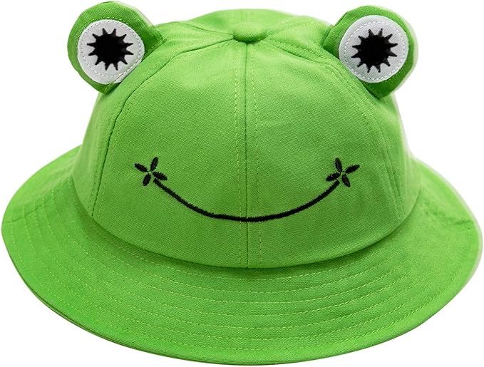 Green frog-themed bucket hat with smiling face design on a white background