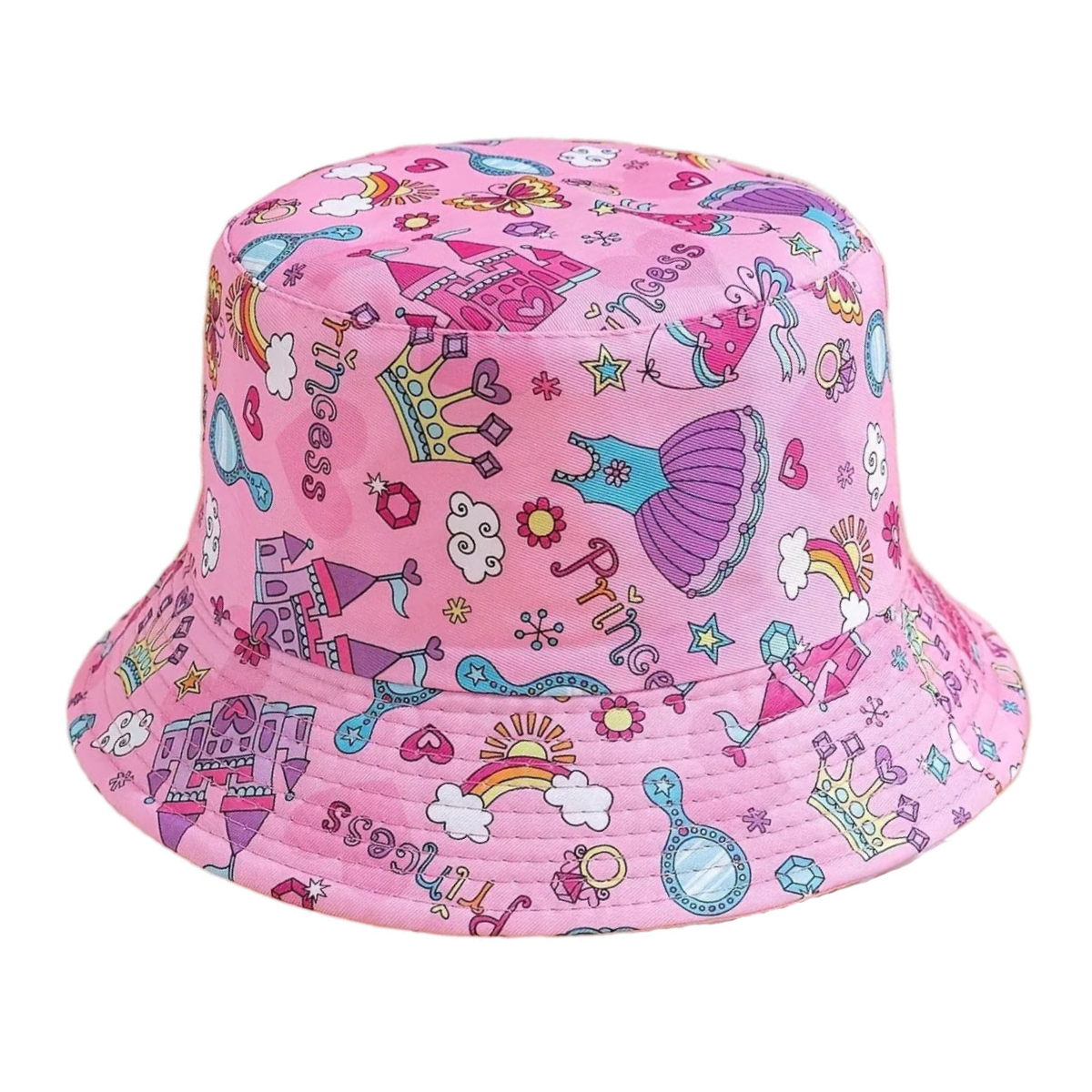 Pink bucket hat with princess-themed pattern on a white background