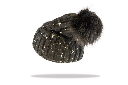 Women's Pom Pom Beanie in Black Fleck B19-1