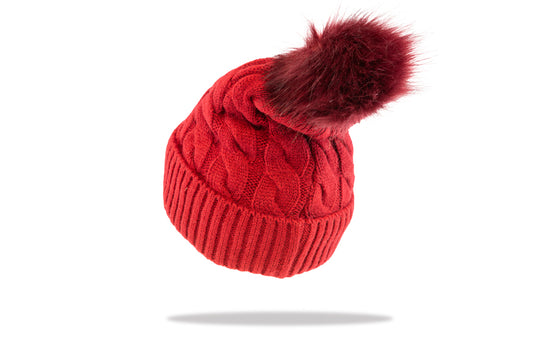 Women's Pom Pom Beanie Cable in Cherry-B20-3