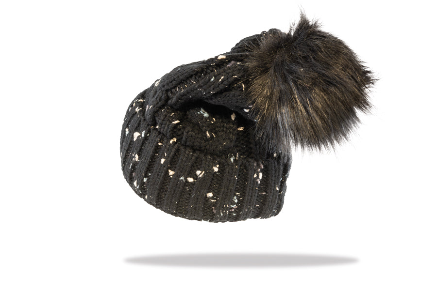 Women's Pom Pom Beanie in Black Fleck B19-1