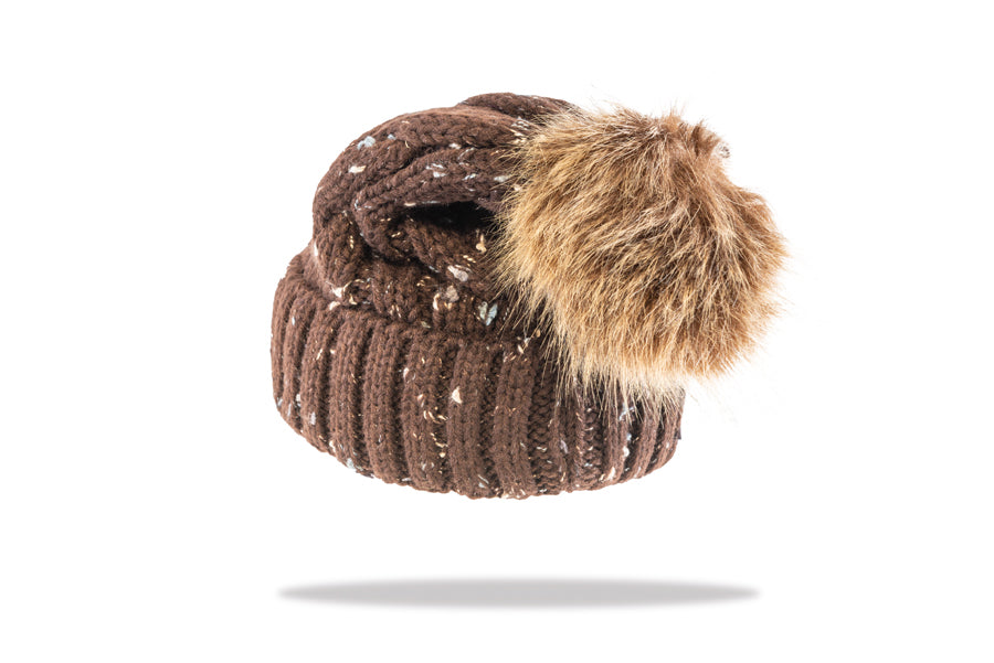 Women's Pom Pom Beanie in Chocolate Fleck B19-1