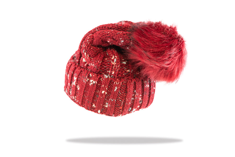 Women's Pom Pom Beanie in Red Fleck B19-1