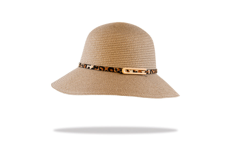 Sun Hat mid brim Leopard trim in Mocca