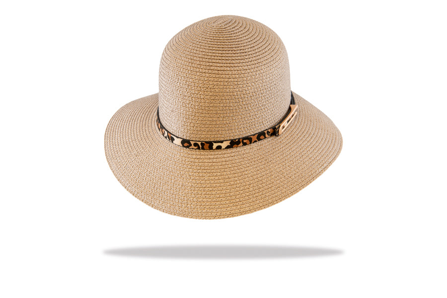 Sun Hat mid brim Leopard trim in Mocca