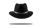 Men's black wool felt Outback fedora hat with leather trim around the base.