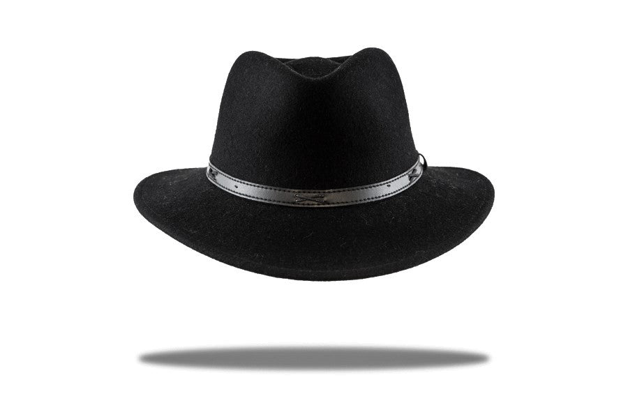 Men's black wool felt Outback fedora hat with leather trim around the base.