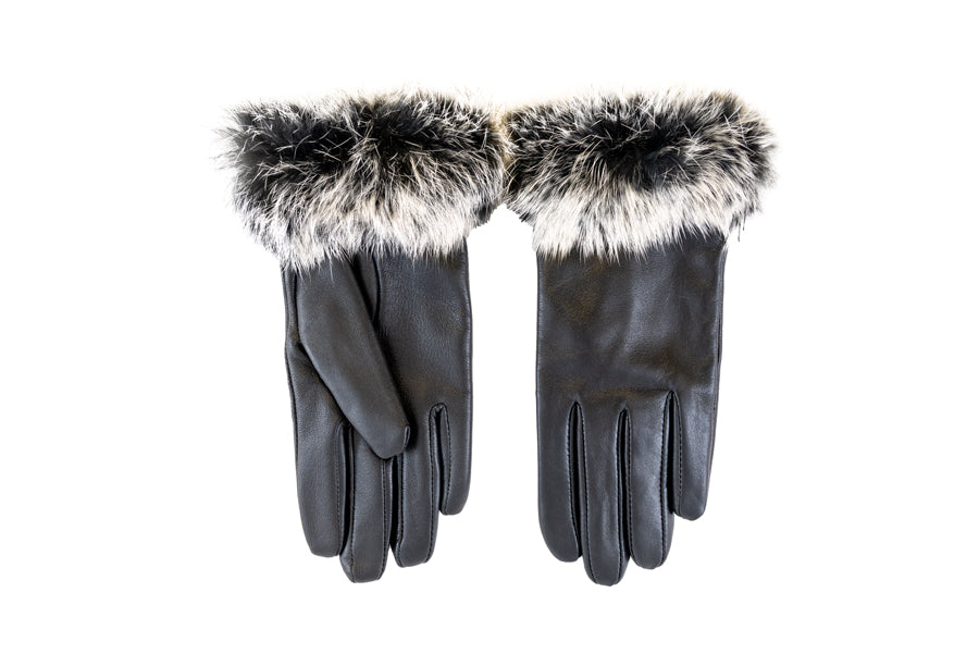 Leather gloves womens black with a fur cuff