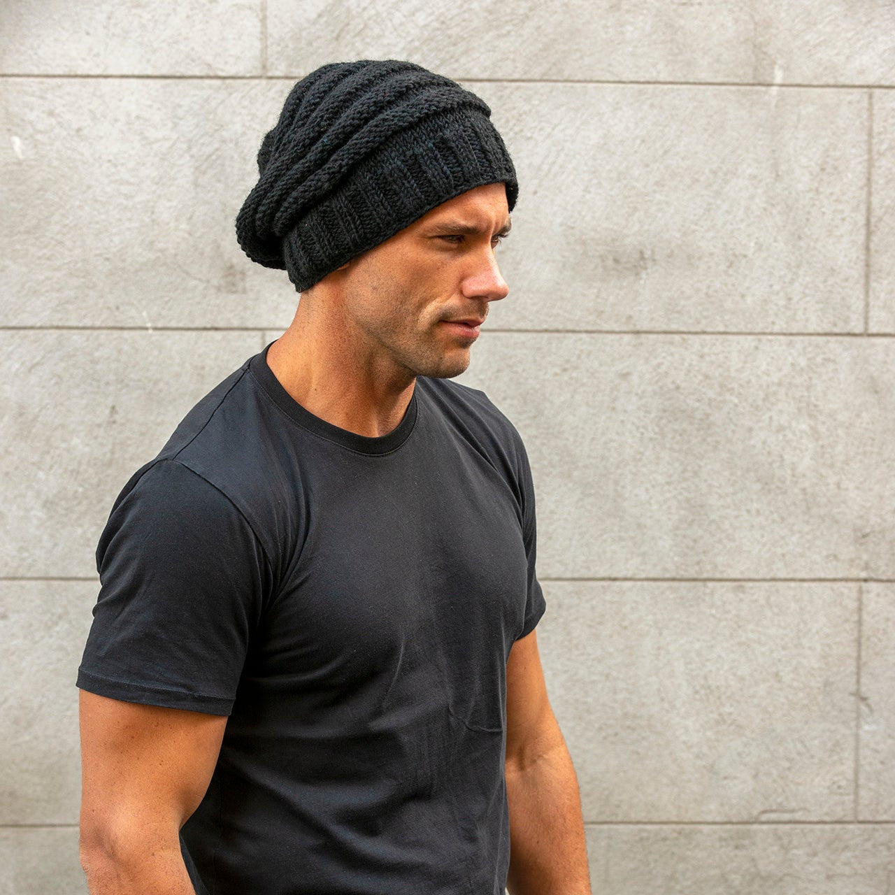 Mens Slouch Beanie wool hand knit in Black NS-02BL