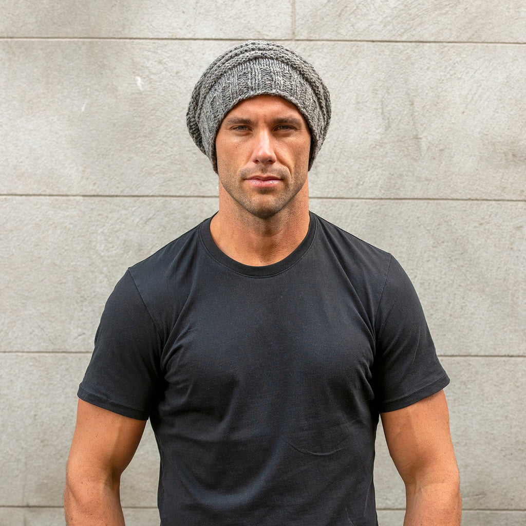 Mens Slouch Beanie wool hand knit in soft grey NS-02GY
