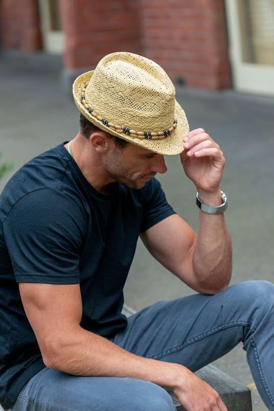 Men's White Straw Porkpie Hat with a Beaded Band