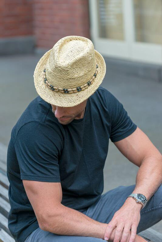 Men's White Straw Porkpie Hat with a Beaded Band