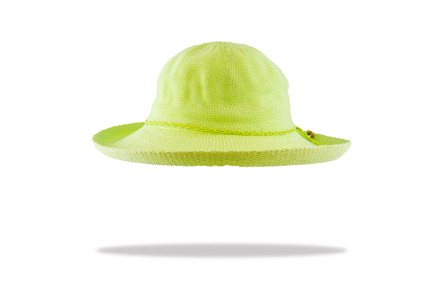 A green wide brim women's sun hat with an adjustable drawstring band.