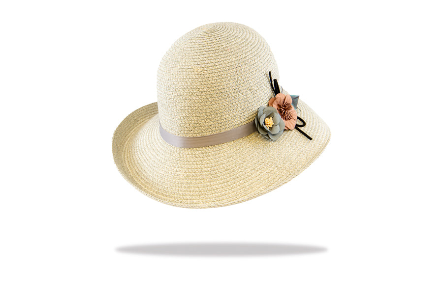 Womens Sun hat grey with flower trim WS18-2