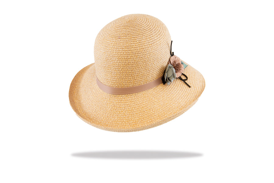Womens Sun Hat Natural With Flower Trim.