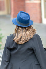 Load image into Gallery viewer, Women&#39;s Blue Trilby Wool Felt Hat with Black Band
