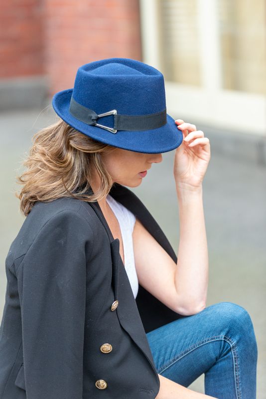 Women's Blue Trilby Wool Felt Hat with Black Band