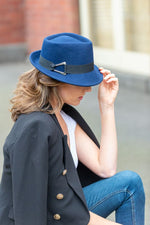 Load image into Gallery viewer, Women&#39;s Blue Trilby Wool Felt Hat with Black Band
