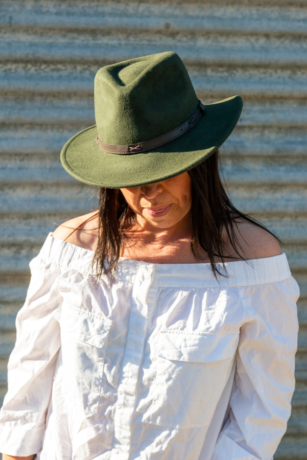 Womens Wool Felt Fedora in deep olive MF14-01G