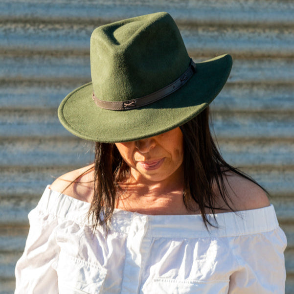 Womens Wool Felt Fedora in deep olive MF14-01G