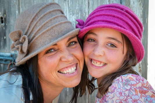 Women's Soft  Wool Cloche Hat in Soft Camel HW-02 C and child wearing Fuschia HW-02F HW-02F