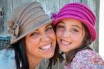 Load image into Gallery viewer, Women&#39;s Soft  Wool Cloche Hat in Soft Camel HW-02 C and child wearing Fuschia HW-02F HW-02F
