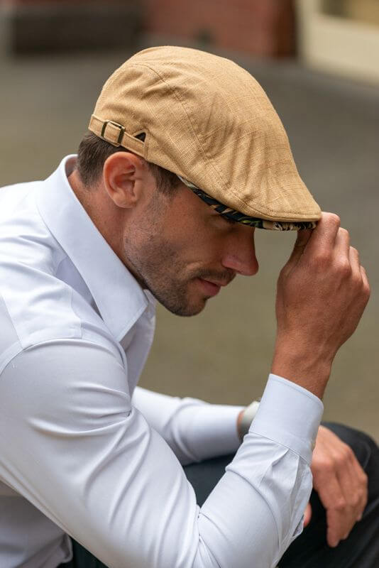 Mens Flat Cap in Caramel Linen FC15-5
