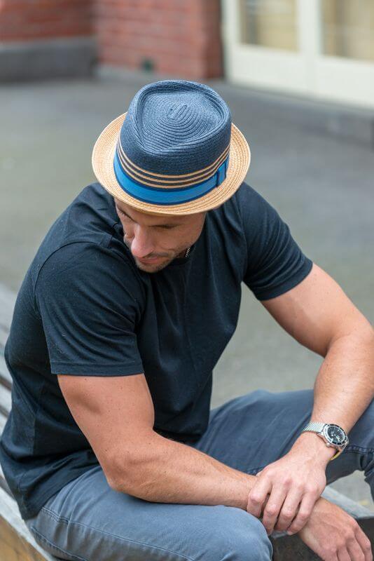 Men's Porkpie Hat in Blue and Tan ST16-13