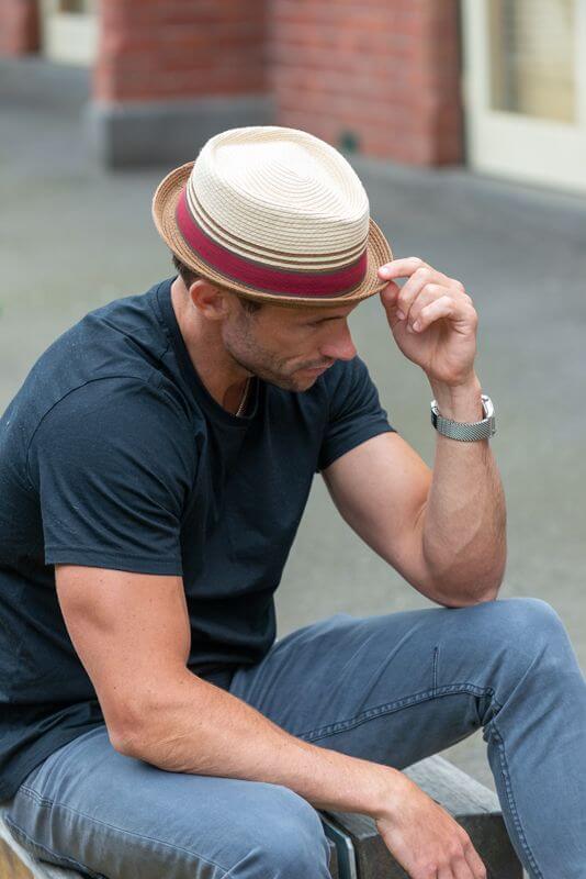 Porkpie Mens Sun Hat in Tan and Burgundy ST16-12