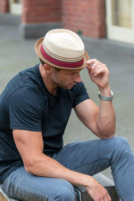 Load image into Gallery viewer, Porkpie Mens Sun Hat in Tan and Burgundy ST16-12
