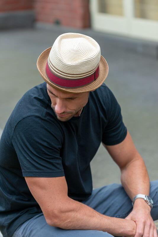 Porkpie Mens Sun Hat in Tan and Burgundy ST16-12